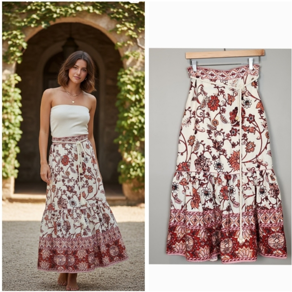 House Of Harlow 1960 Linen Blend Floral Midi Skirt Size Small